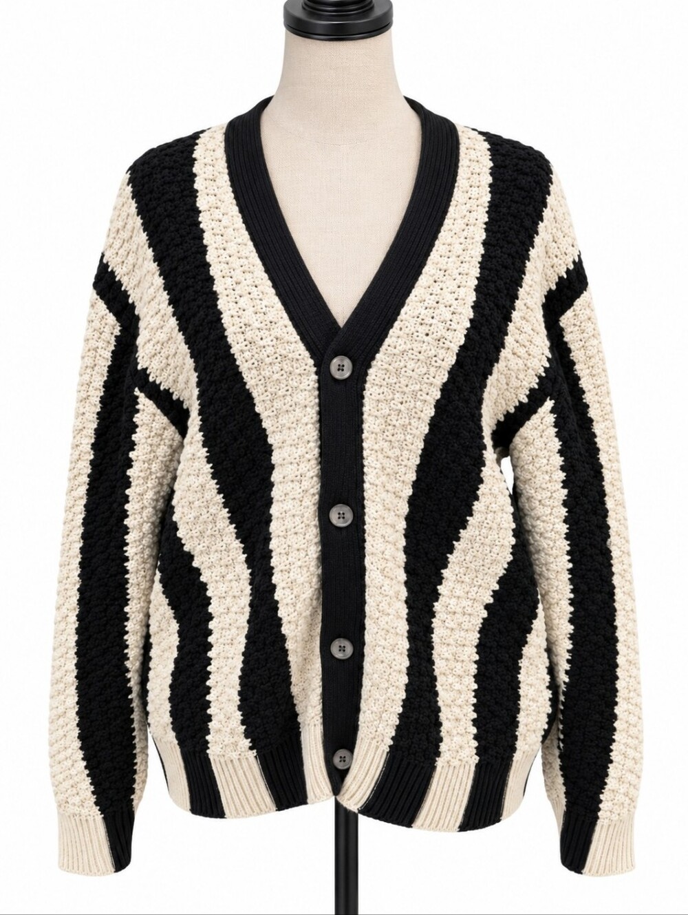 PacSun Women’s S Black Cream Striped Chunky Knit Button Cardigan